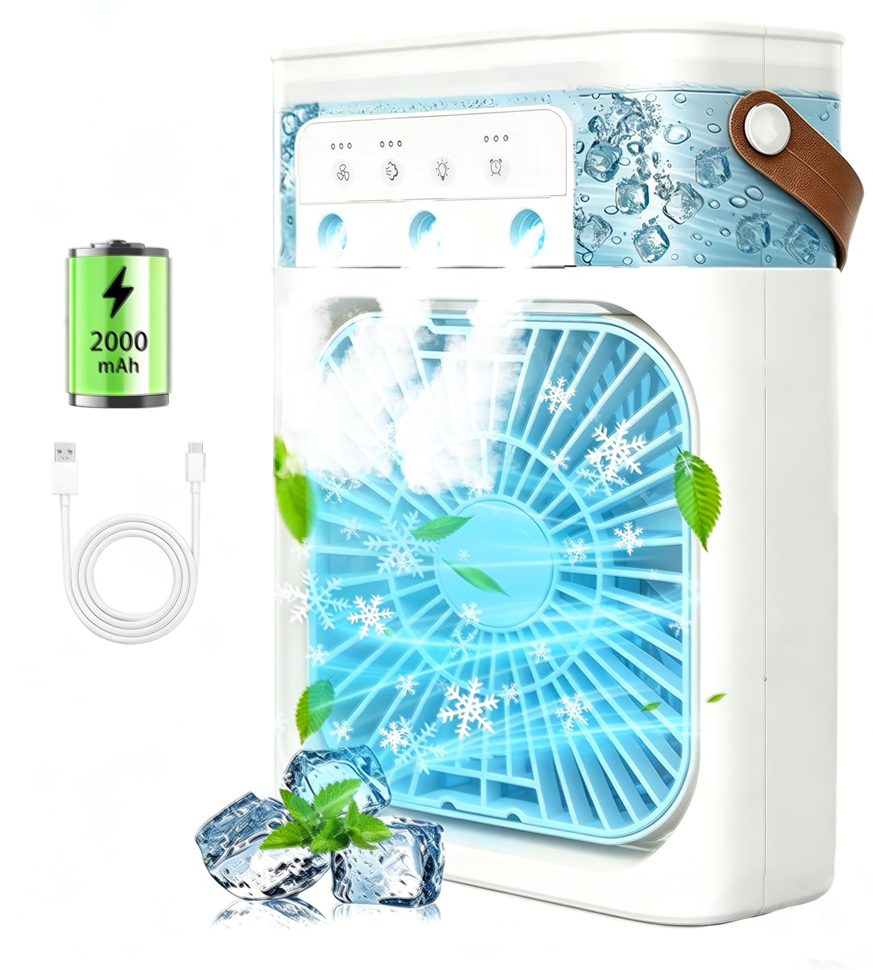 Photo 1 of Portable Air Conditioners, 2000mAh Rechargeable Mini Air Cooler Fans, 500ML Personal Portable AC Unit with 3 Speed, 2 Spray, 7 Color, 3 Timer, Small Desktop Cooling Fan for Bedroom Office (White)