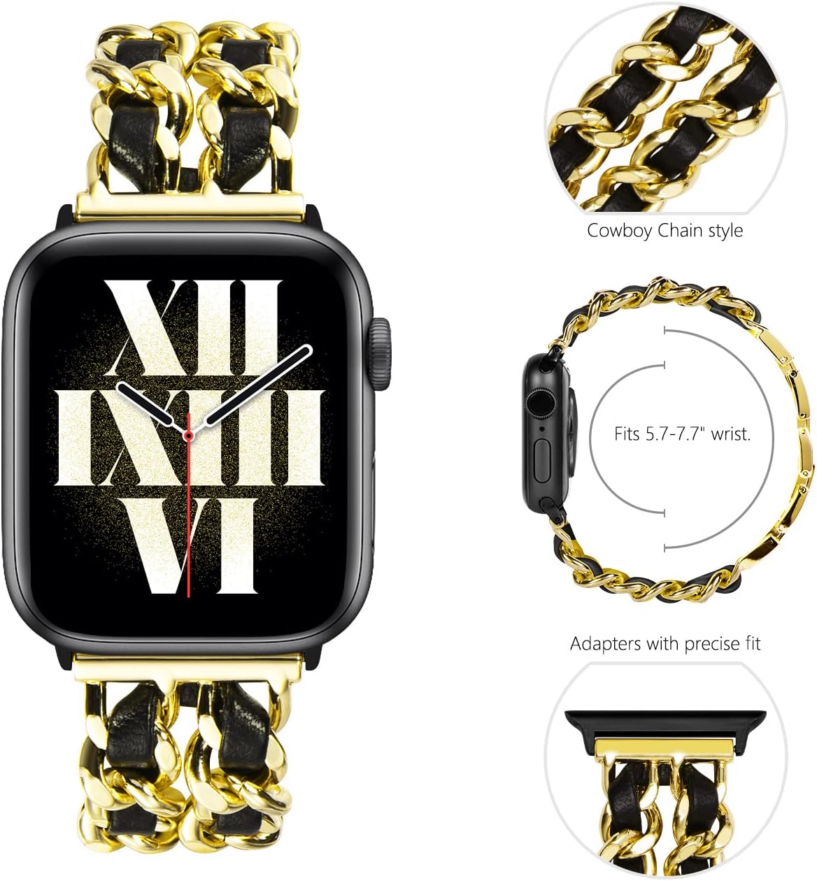 NewWays for Apple Watch Band Series 10 42mm 41mm 40mm 38mm Series9 8 7 SE 6 5 4 3, Jewelry Bracelet for iWatch Band for Women, Gold Link with Black Leather - Image 5