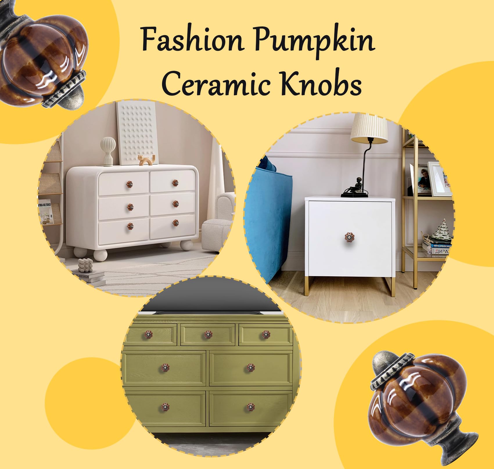 Confezione da 12 pomelli in ceramica marrone a forma di zucca, per armadietti, cassettiere, vintage, per mobili da toletta e armadio