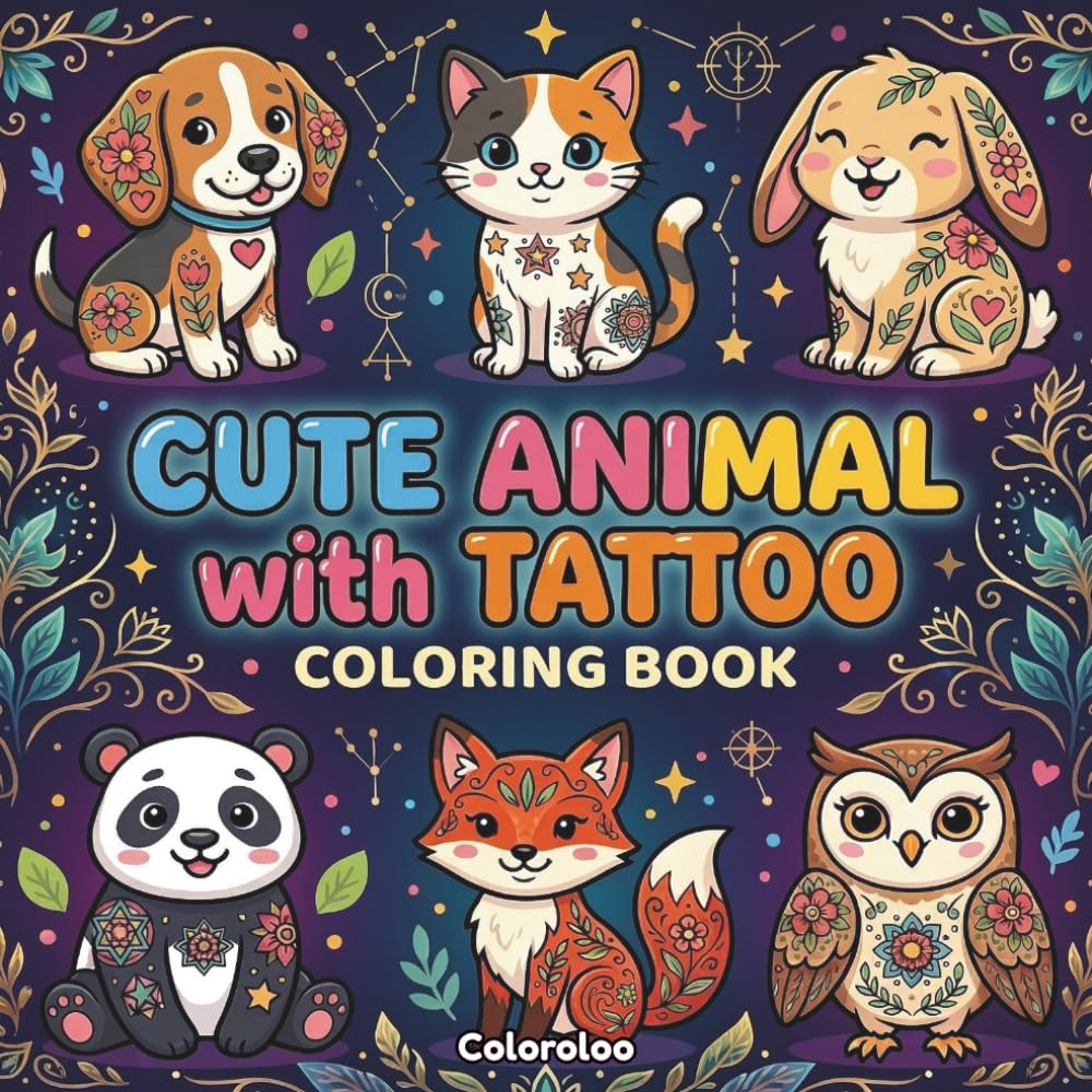 Cute Animal with Tattoo Coloring Book: Adorable Animals with Cool Tattoo Designs | Bold and Easy Coloring Pages for Relaxation