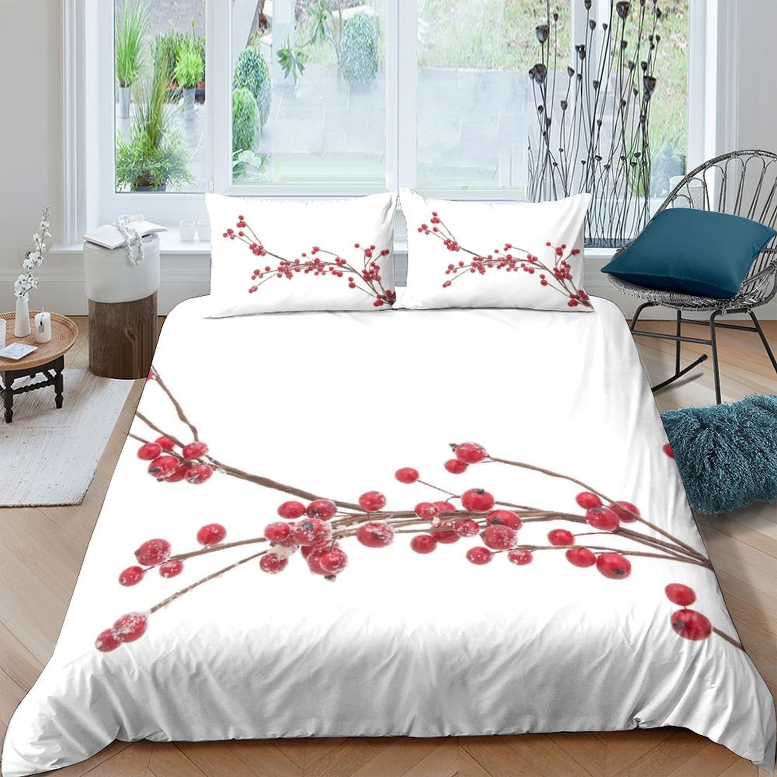 P5V6M1Q9 3D Printed Plum Blossom Duvet Cover Microfiber Soft White Red Floral Bedding Set with 2 Pillowcases for Bedroom Home Single（135x200cm）