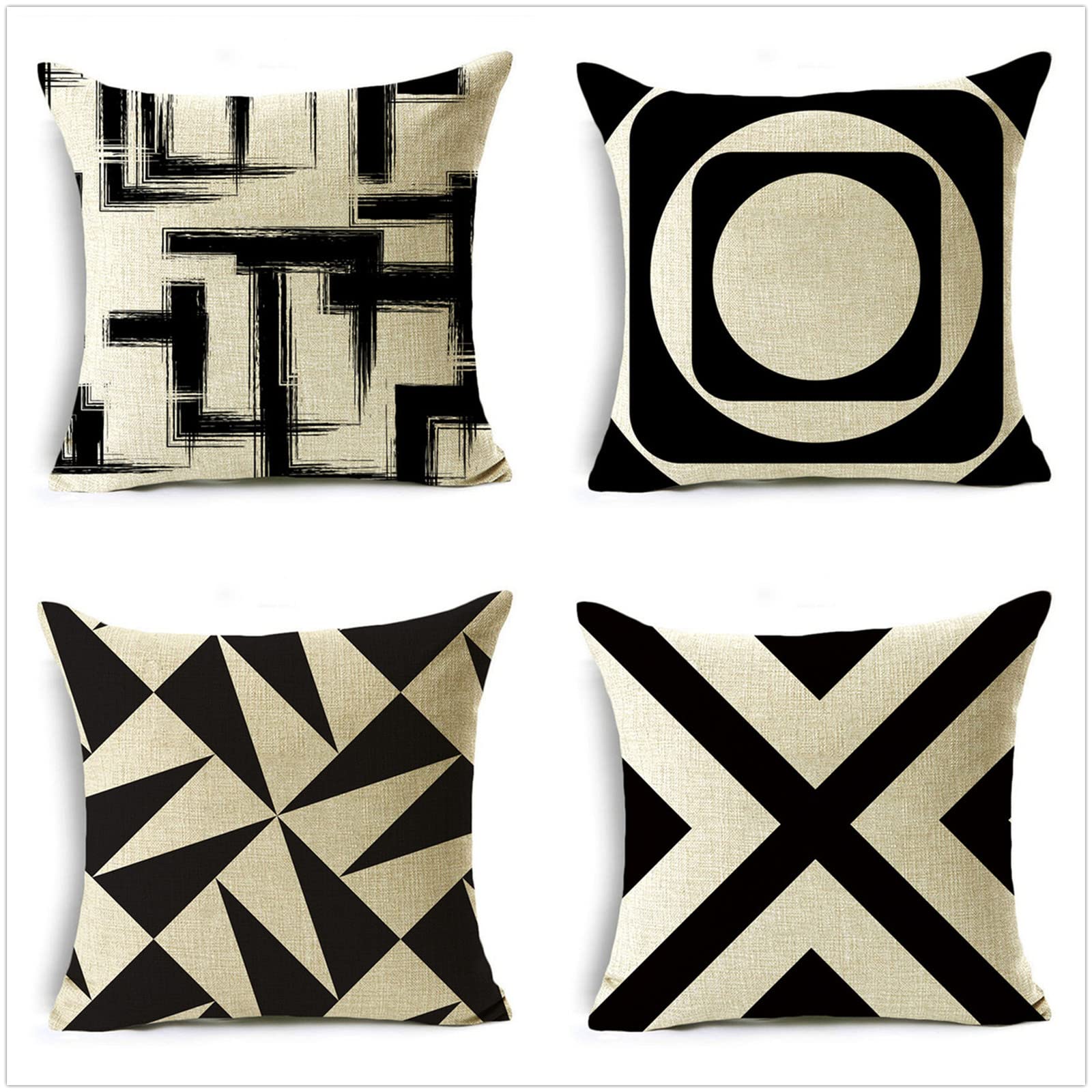 Czarno-białe geometryczne poszewki na poduszki 70 x 70 cm / 28 x 28 cali, lniana kwadratowa poszewka na poduszkę dwustronny nadruk z ukrytym zamkiem błyskawicznym Zestaw 4 poszewek na poduszki do ogrodu na zewnątrz na sofę do domu wiejskiego wystrój