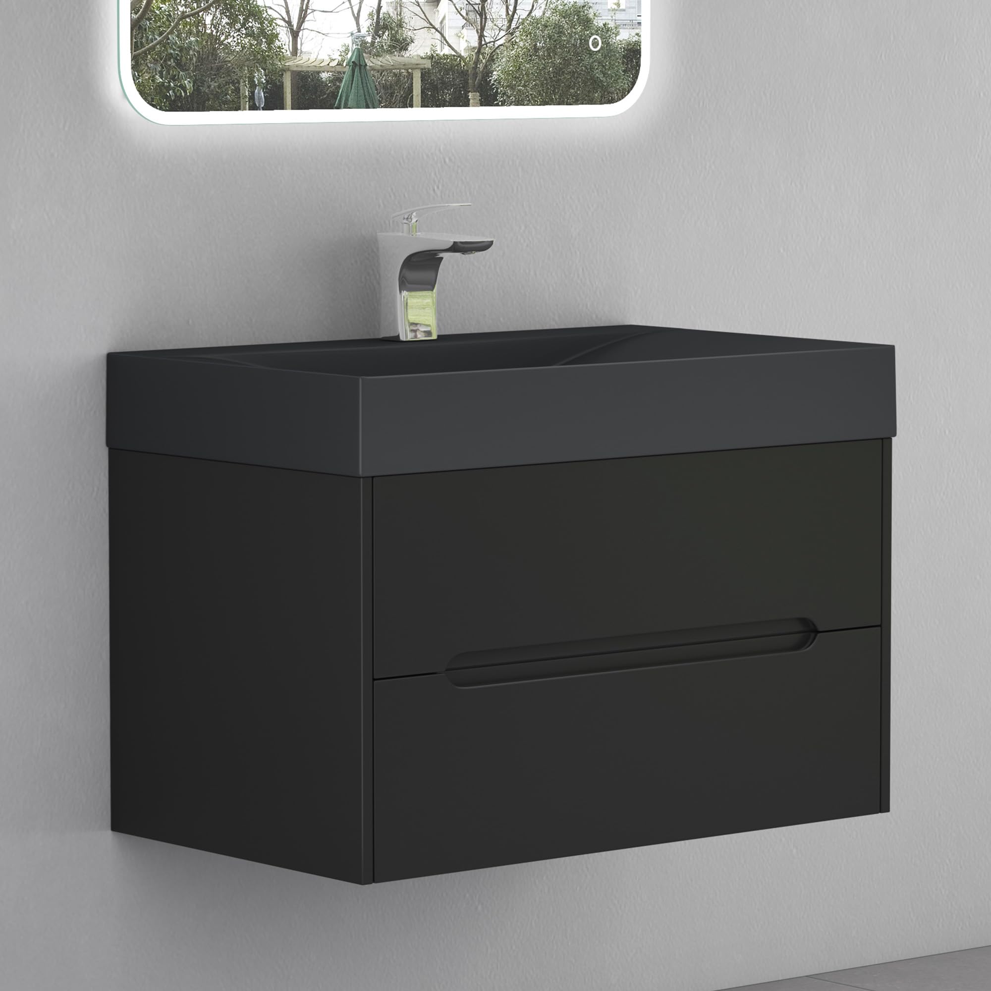 doporro Mobile Bagno Sospeso 80 cm con Lavabo in Marmoresina e Specchio LED – Finitura Nero Opaco, Cassetti a Chiusura Rallentata, Serie Yoga