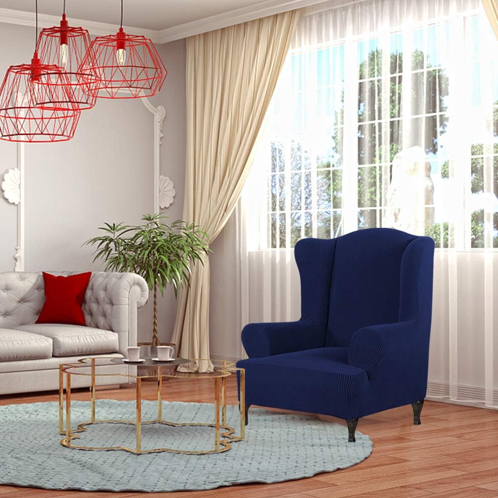 Wingback Chair Slipcover, iCOVER One Piece High Stretch Chair Cover, Machine Washable Spandex Jacquard Fabric, Bottom Elastic Easy to Install, Non-Slip Furniture Protector,Navy : Home & Kitchen