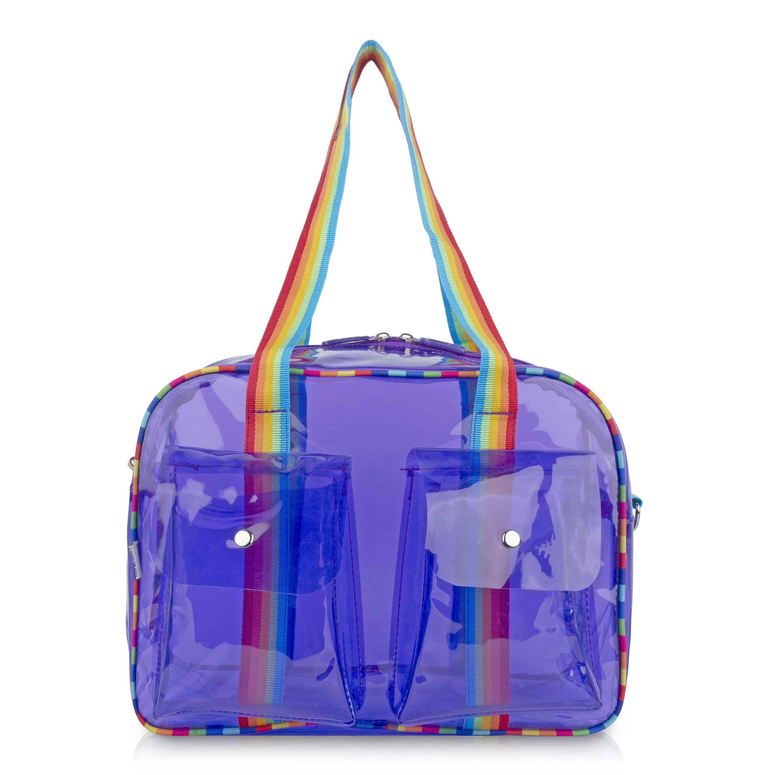 Echo Boomers Unisex Transparent Jelly Duffle Bag – Trendy Purple Travel Tote with Rainbow Straps & Dual Front Pockets – Fashion Gym, College & Weekend Bag-image-8