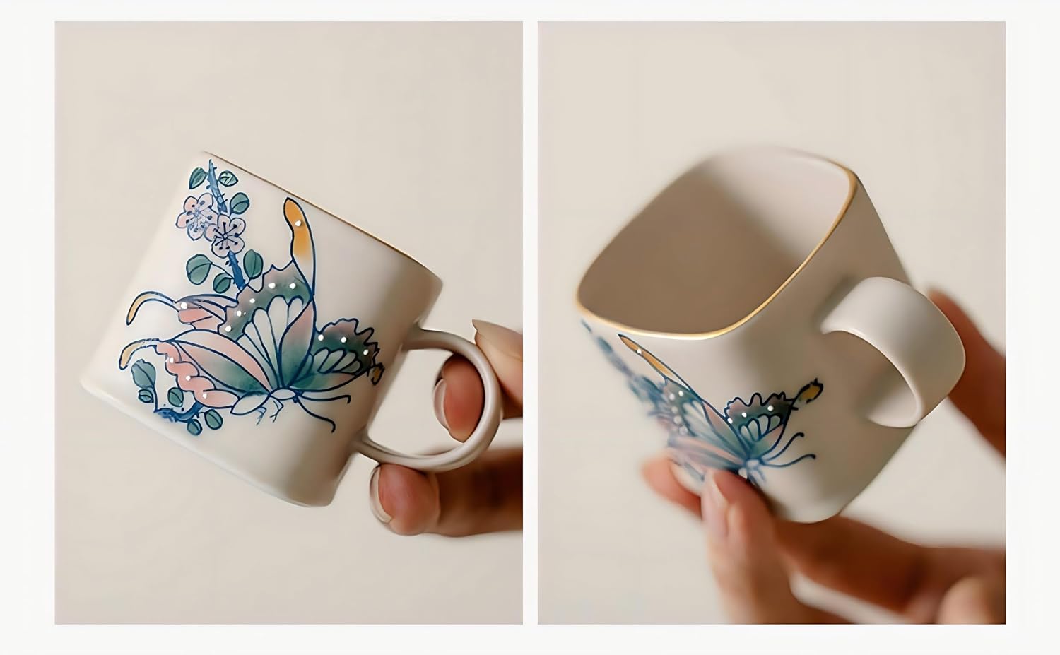 Hand drawn colorful butterfly ceramic square handle cup tea cup