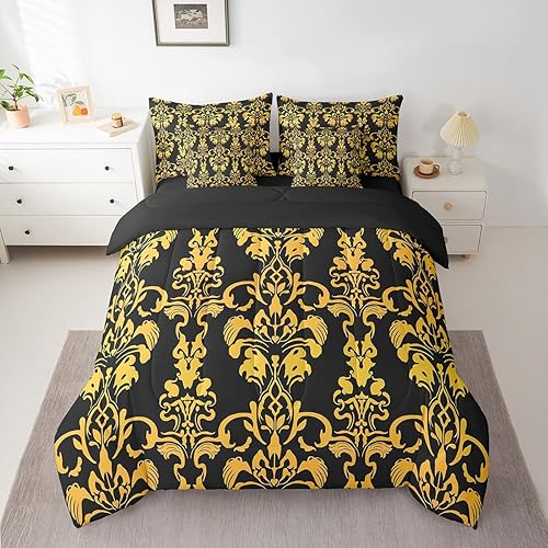 Damask Floral 7 Piece Bedding Set Twin Size Exotic Floral Bed in a Bag for Boys 