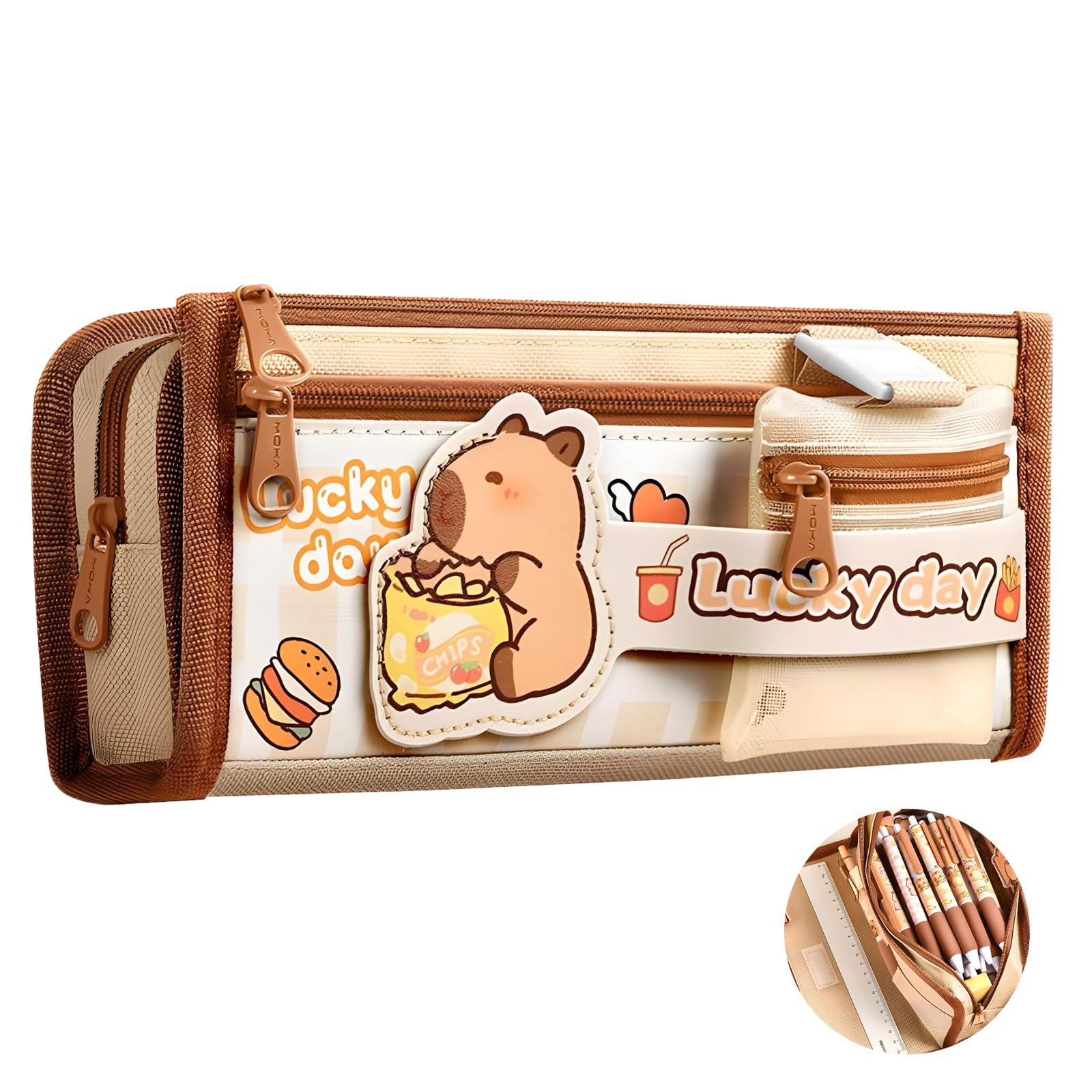 JYJLLM Capybara 5-Layer Mesh Zipper Pencil Case (12x22cm), Large Capacity Organizer for Pen Collection Artists