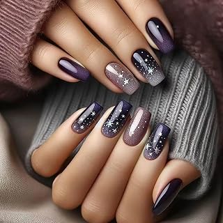 Press On Nails Coffin Fake Nails Purple Starry Sky Square False Nails With Gloss Designs Acrylic Nails Press Ons Artificial Nails Stick On Nails For Women 24pcs