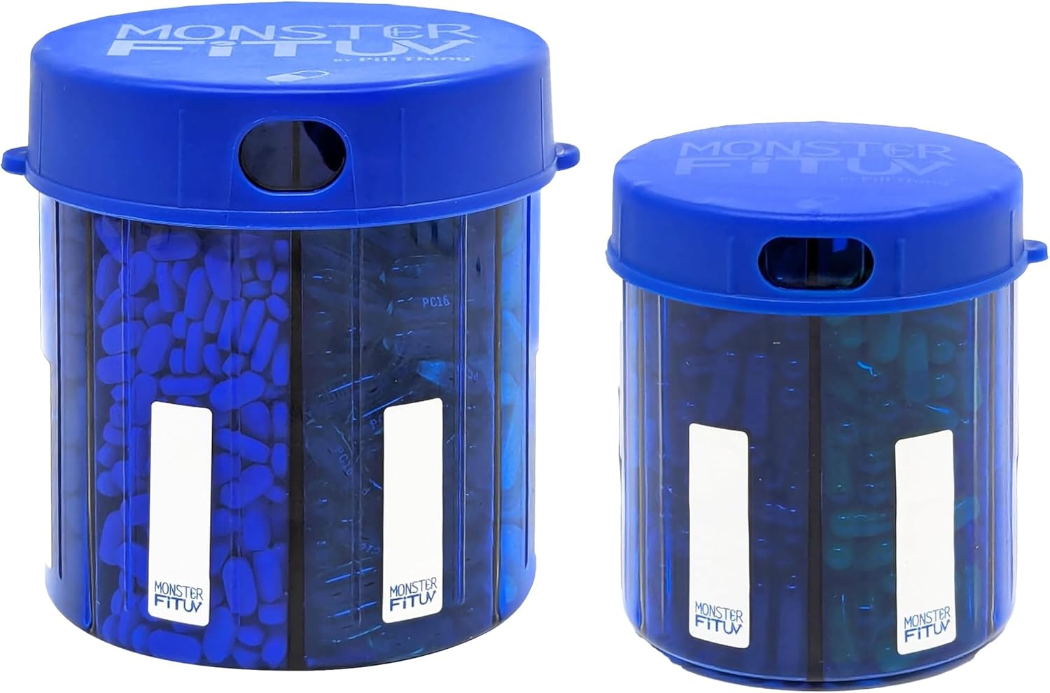 Monster Supplement Medication Pill Dispenser with Compartment Labels - Extra Large Pill Container Bottle Handles Almost Any Supplement - Easy to Dispense (3 Pack - Monster, Monster Jr & Monster Ten)
