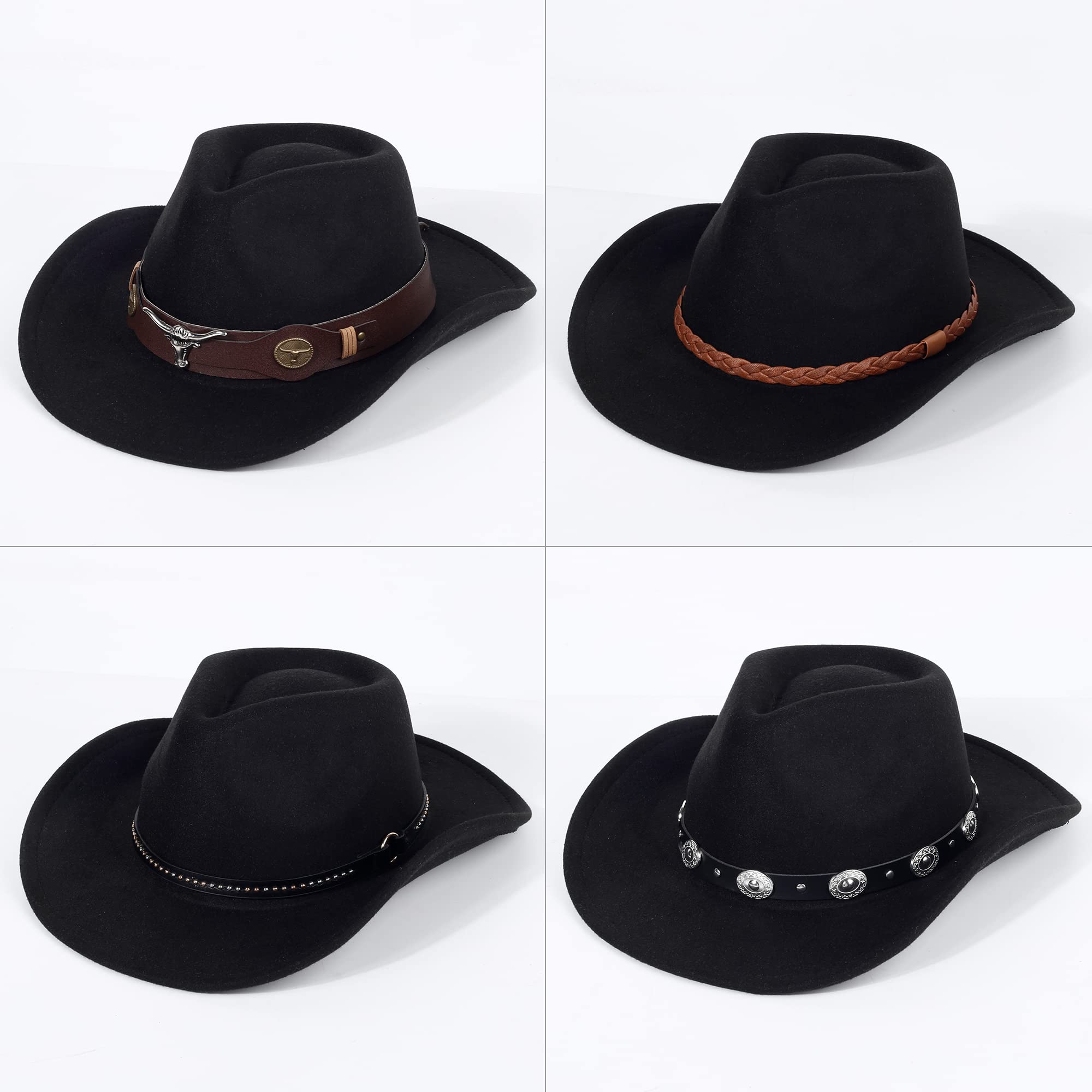 Beorndmy 2 Pack Western Cowboy Hats for Women and Men Classic Felt Wide Brim Costume Cow Boy Hat Roll Up Brim Cowgirl Hat