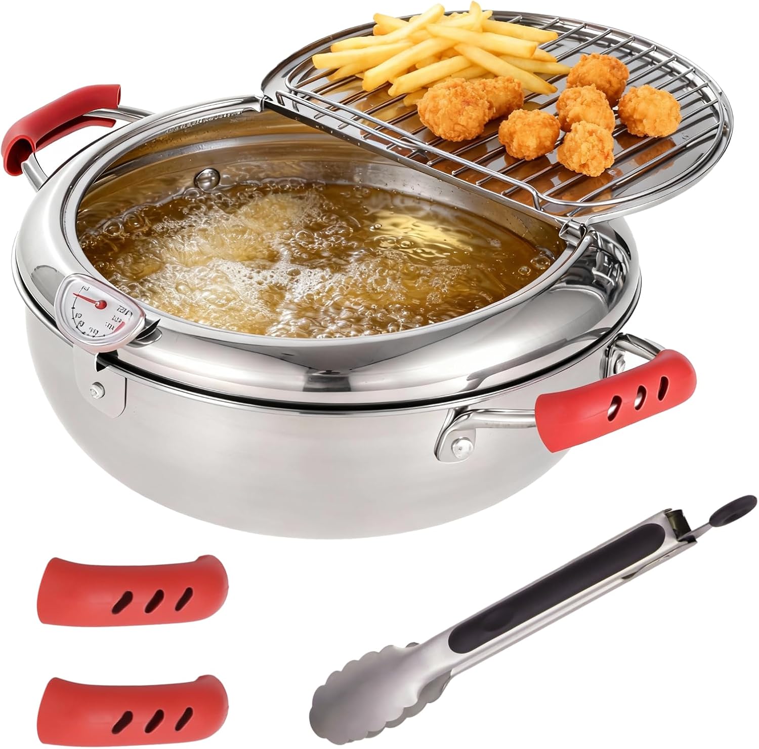 Deep Fryer Pot with Tongs, Stainless Steel Japanese Fryer with Temperature Control and Oil Drip Drainer Rack, Japanese Tempura Pot Set for French Fries Chicken Japanese Tempura