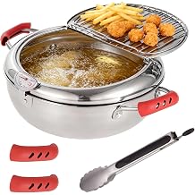 Deep Fryer Pot with Tongs, Stainless Steel Japanese Fryer with Temperature Control and Oil Drip Drainer Rack, Japanese Tempura Pot Set for French Fries Chicken Japanese Tempura 9.8 Inch