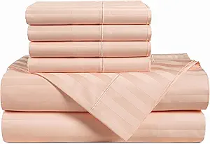 Casa Platino 100% Egyptian Cotton Sheets King Size Set - 6 Pieces - Damask Stripe- Ultra Smooth Sateen Weave Bed Sheets Set with 15" Deep Pockets - Veiled Rose