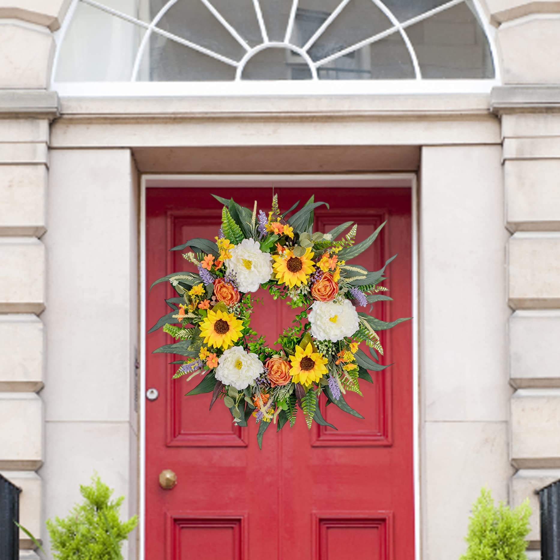 Couronne d'été Artificielle pour Porte d'entrée, Couronne de Fleurs, Guirlande décorative de Porte 'été 'Eucalyptus pour la décoration la Maison, 40cm.
