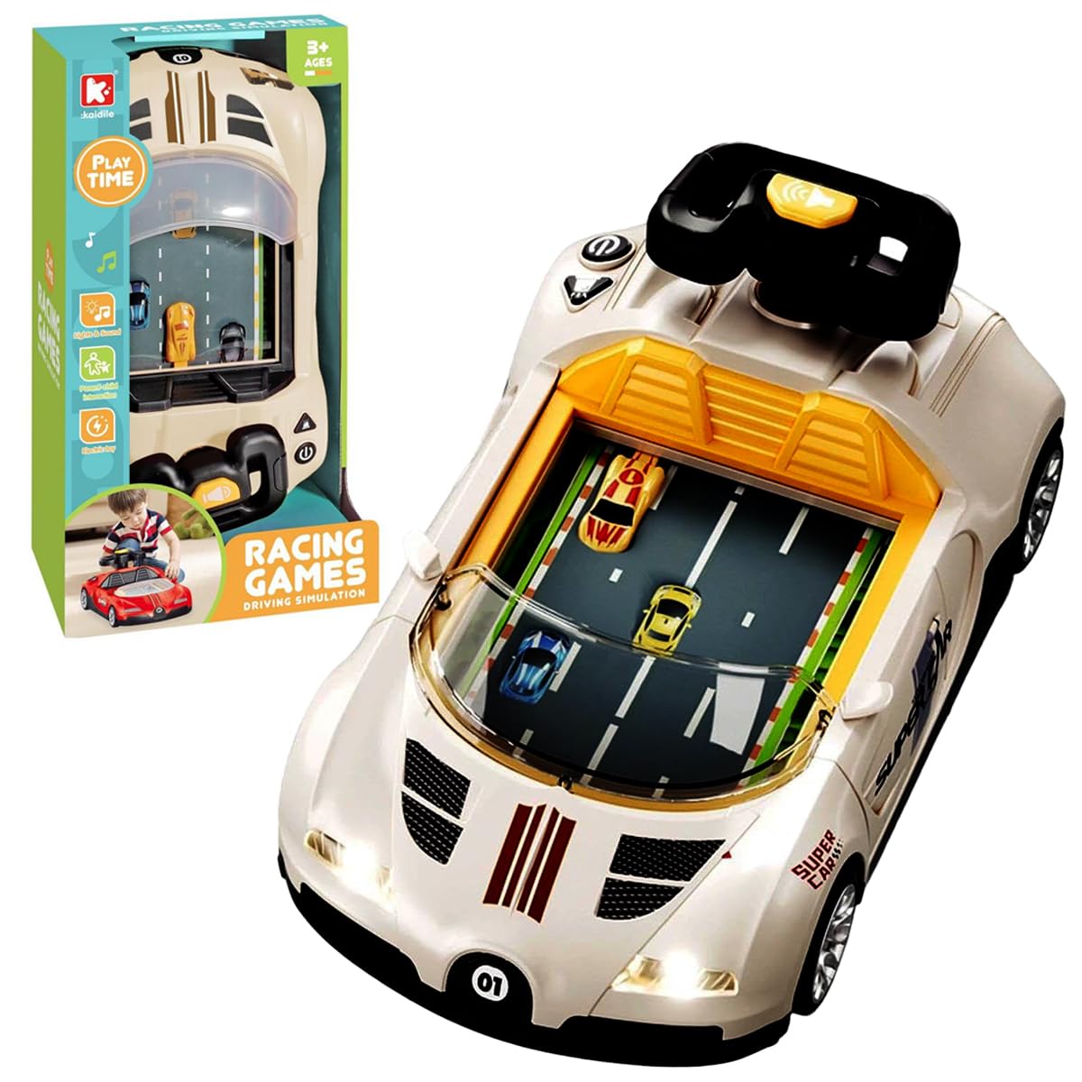 Toyana Kids Car Racing Game with Steering Wheel - Electronic Driving Simulator Console with Lights, Sounds & Speed Control, Handheld Desktop Arcade Toy for Boys & Girls