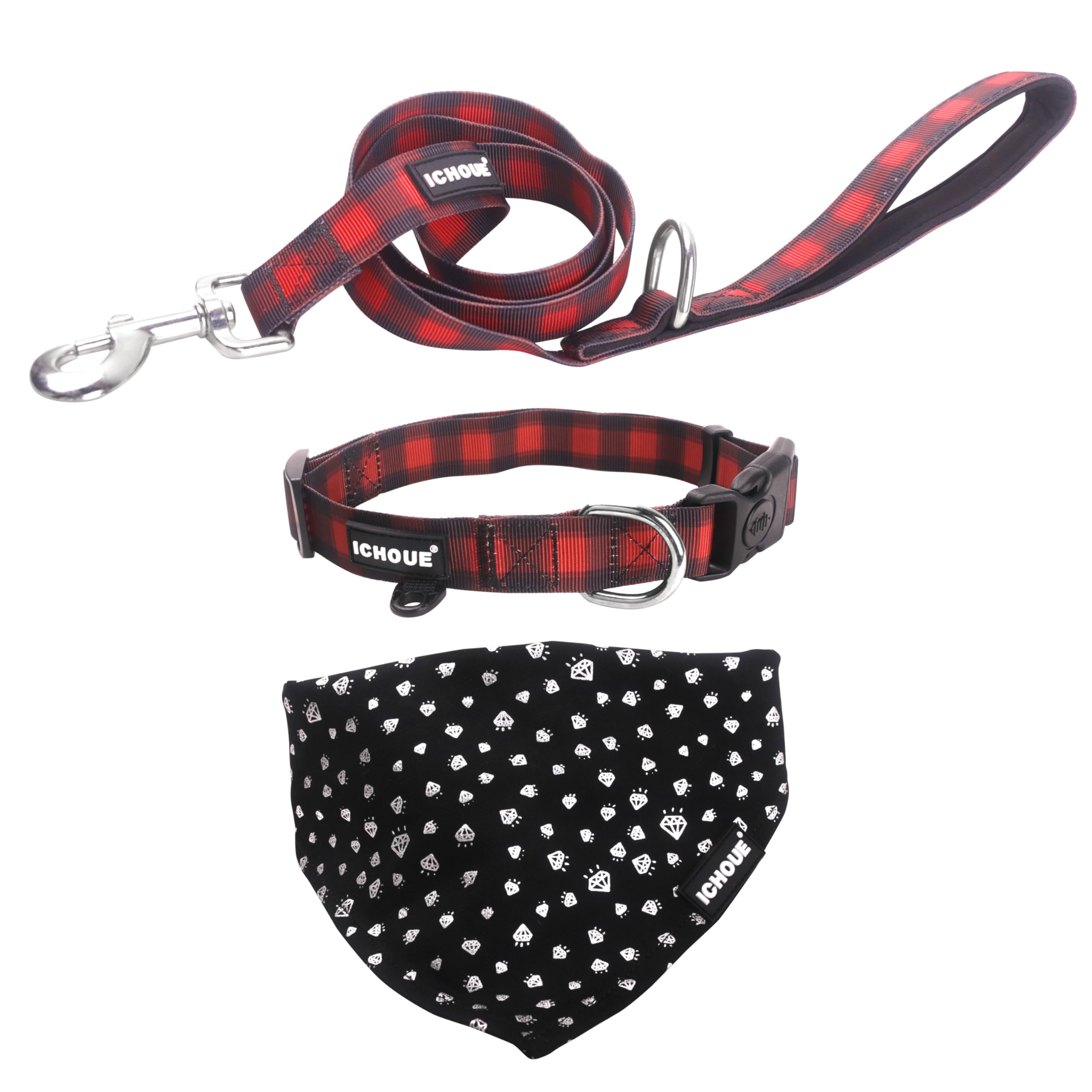 iChoue Original Print French Bulldog Collar with Leash Bandana Set Adjustable for Frenchie Pug English Boston Terrier Dogs, Red Grid, Medium — image 1