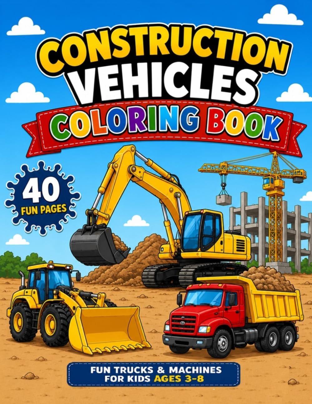 Construction Vehicles Coloring Book: 40 Fun Trucks & Machines for Kids Ages 3-8