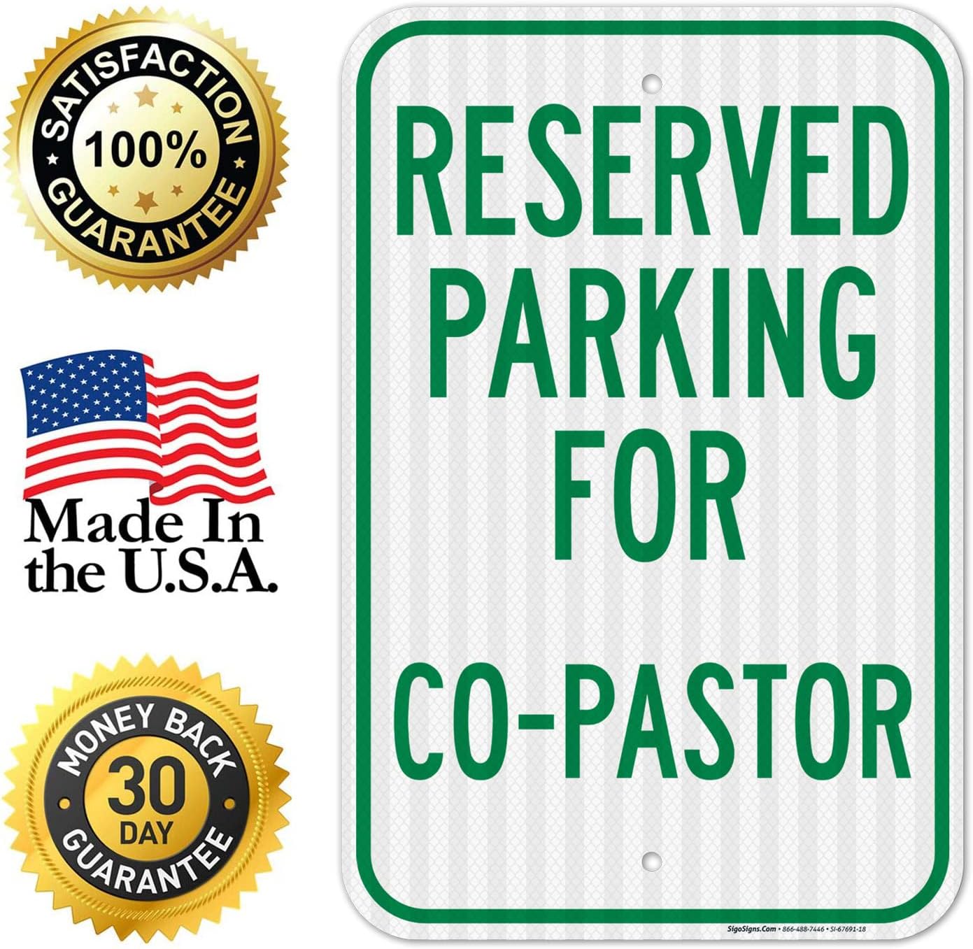 Reserved Parking for Co Pastor Sign, 12x18 Inches, 3M EGP Reflective .063 Aluminum, Fade Resistant, Made in USA