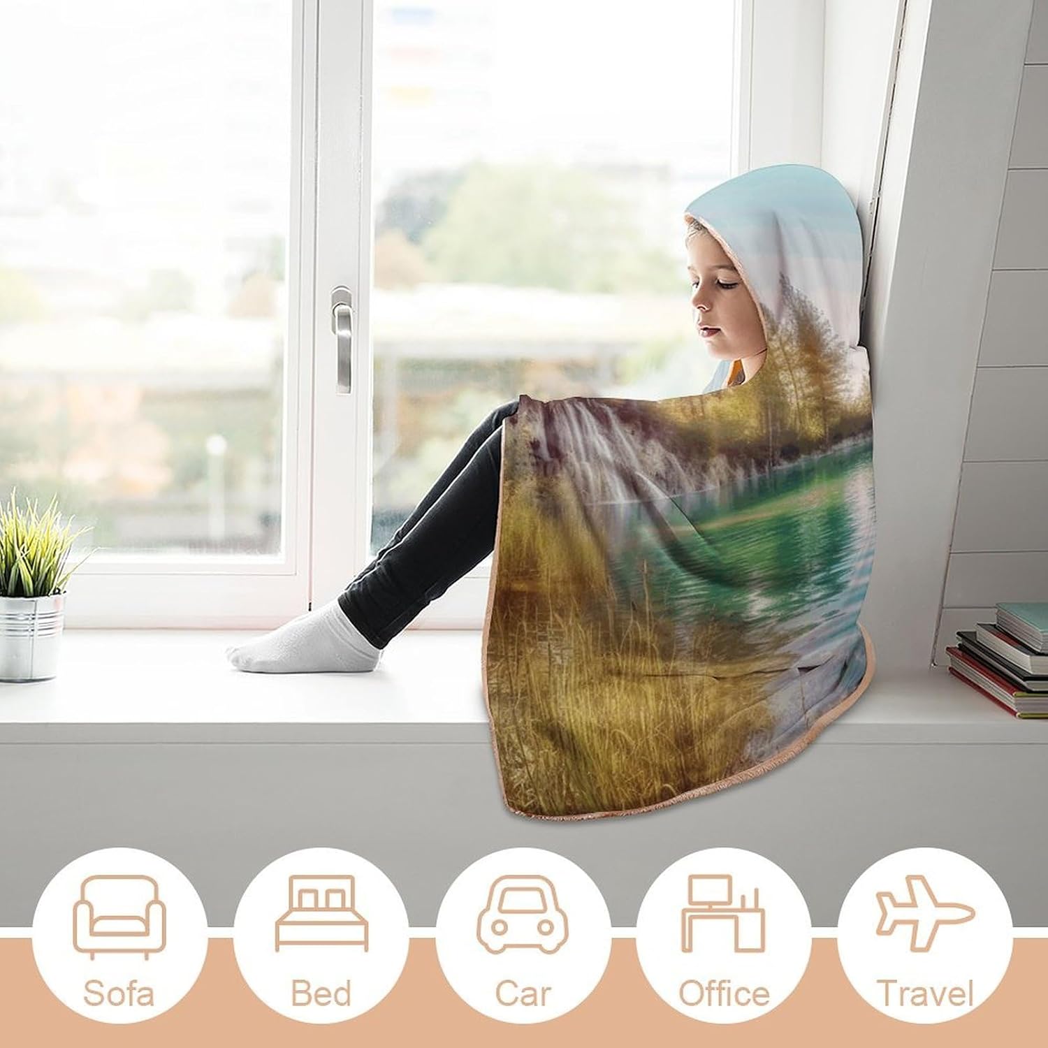 Clean Water Lake Landscape Wearable Hooded Blanket, Ultra Soft Arctic Velvet Cape Cloak Unisex - Cozy Wearable Blanket