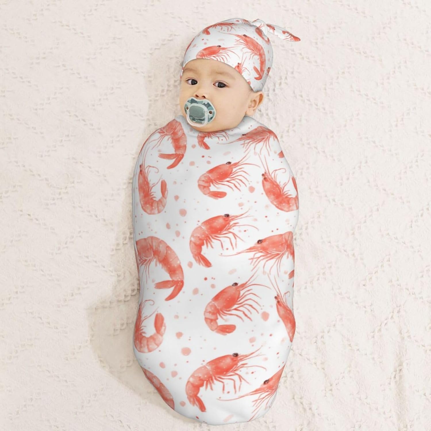 Watercolor Shrimps Newborn Swaddle Blankets Hat Sets Soft Baby Receiving Blanket Swaddle Sack for Baby Shower Infant Boy Girl Gift - Image 8