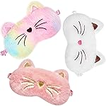 3 Pieces Sleep Mask for Kids, Girls Plush Sleeping Eye Cover Soft Eye Blindfold Cover Animal Shade for Kids(White, Pink and Rainbow Color,Cat Style)
