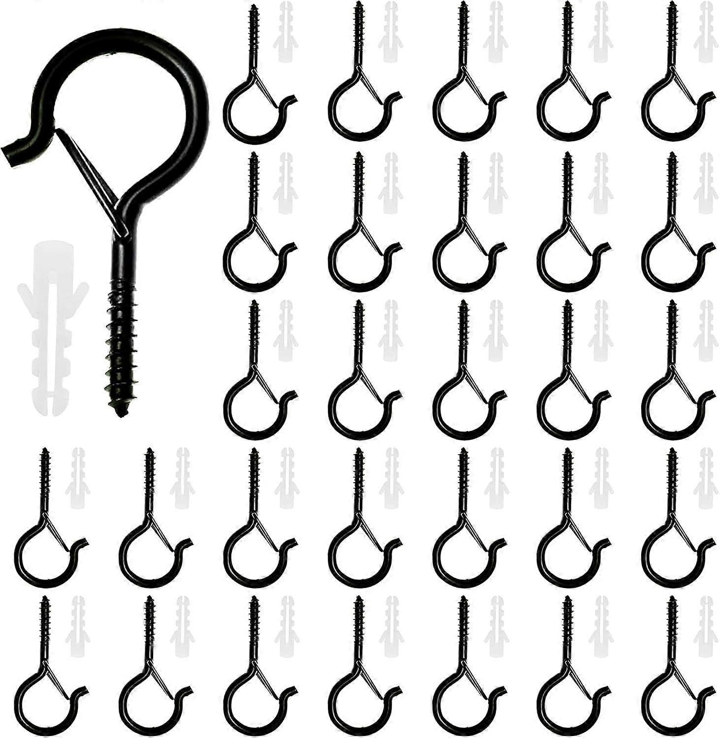 JOYHAPPST Q Hanger 30 Pack Black Metal Ceiling Hooks with Safety Buckle Screw-in for String Lights
