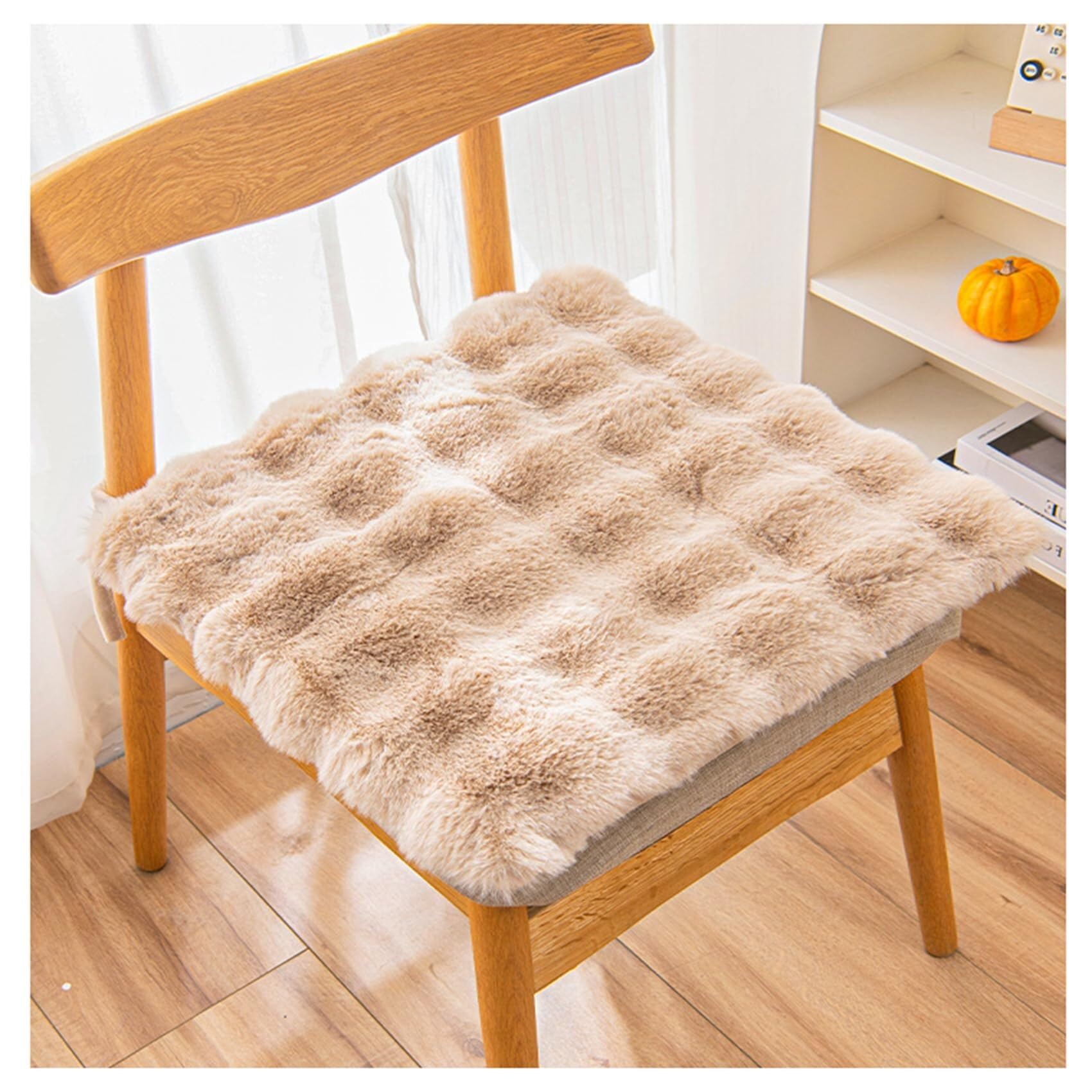 Faux Fur Dining Chair Cushions Square Kitchen Chair Pads Thick Fluffy Plush Seat Cushions Soft Car Seat Cushions With Ties For Hotel Office Patio Chair(Khaki,50X50cm)