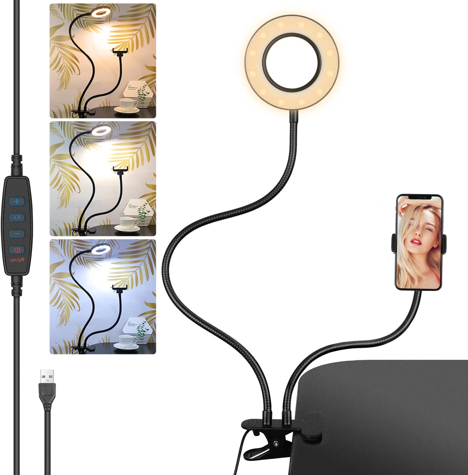 Ring Light, [2 in 1] Diyife Desk Lamp Clamp, LED Clip on Reading Light, Webcam Light Stand with Phone Holder, Selfie Ring Light with Flexible Arm, 3 Light Mode for YouTube, Facebook, Live Stream