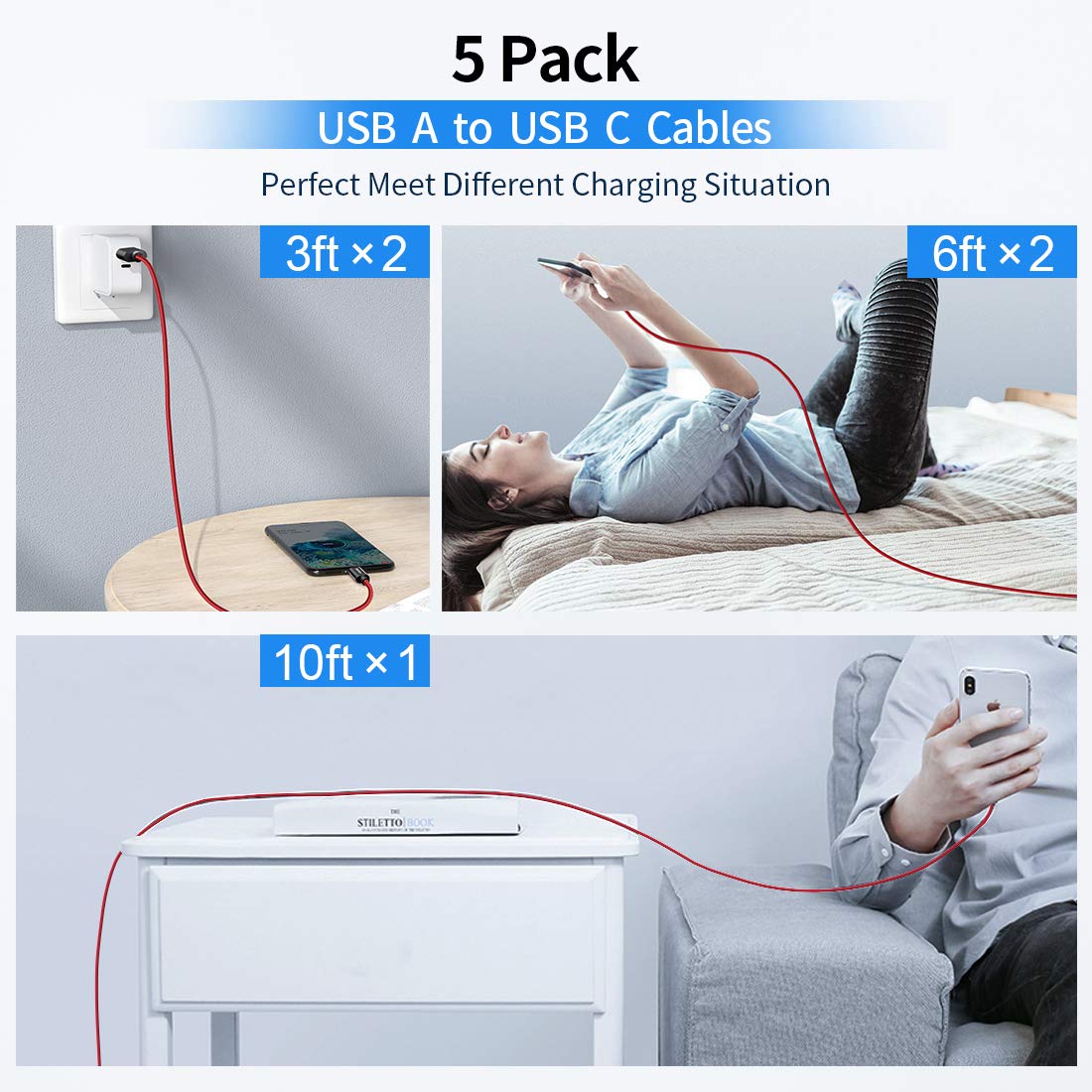 CLEEFUN USB Type C Cable Fast Charging, [ 5-Pack, 3/3/6/6/10 ft ] Nylon Braided Charger Cord Compatible with Samsung Galaxy S10e S10 S9 S8 Plus Note 9 8, LG G7 G6 G5 V35 V30, Moto G7 G6 Z2, Pixel 2 XL