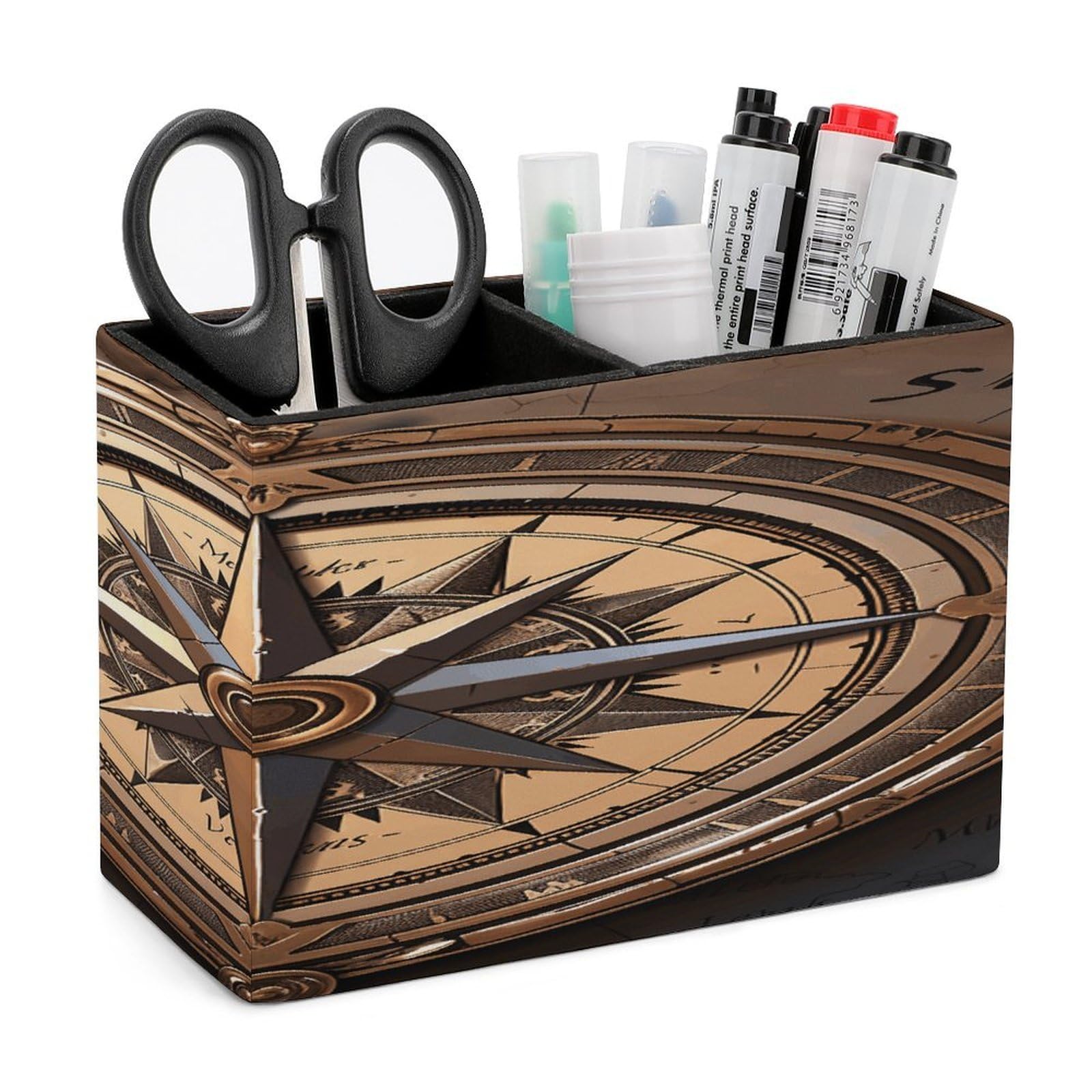 VstaDank Compass Wind Road Map Pencil Holder for Desk Organizer 2 Compartments Pen Cup Leather Square Pen Holder Pencil Cup Stand Makeup Brush Holders for Desktop Organizer Storage Case