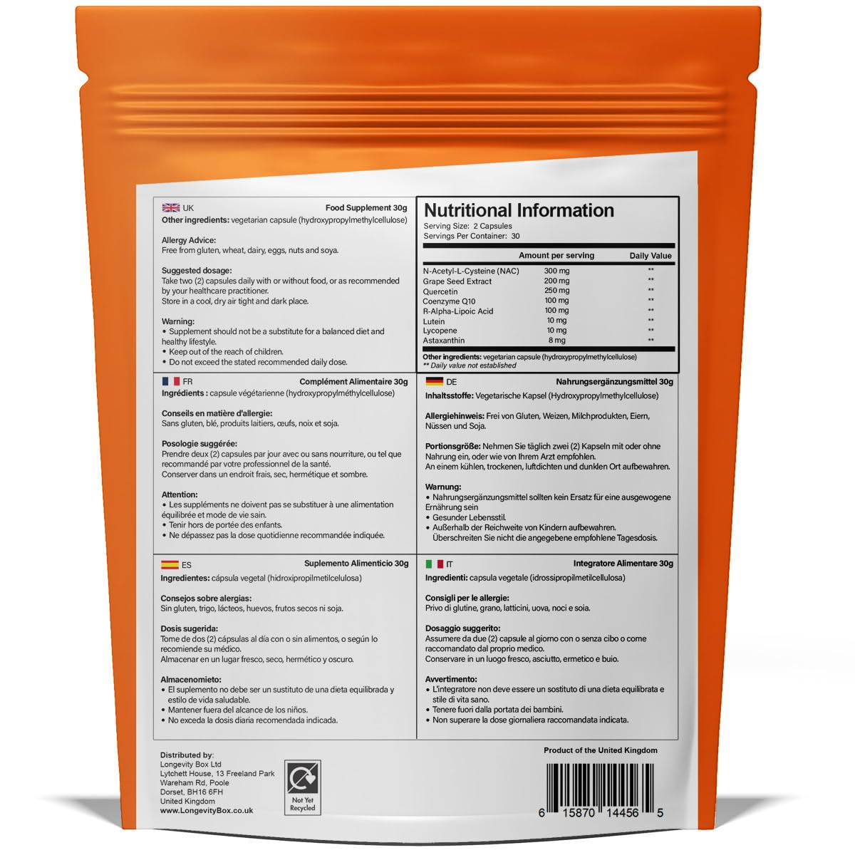 Ultimate8 Antioxidants – Premium Antioxidant-Komplex mit 8 Inhaltsstoffen – N-Acetyl-L-Cystein, Q10, R-Alpha-Liponsäure, Lutein & mehr – Hohe Reinheit & optimale Aufnahme – 60 Kapseln