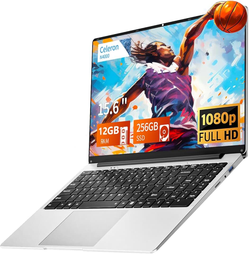 Laptop para jogos, laptops tradicionais de 15,6 polegadas N4000, laptop com 12 GB de RAM, SSD de 256 GB, Netbook WiFi 5 Mini-HDMI abertura de ângulo 180 BT5.0, USB3.0, laptop fino e leve para