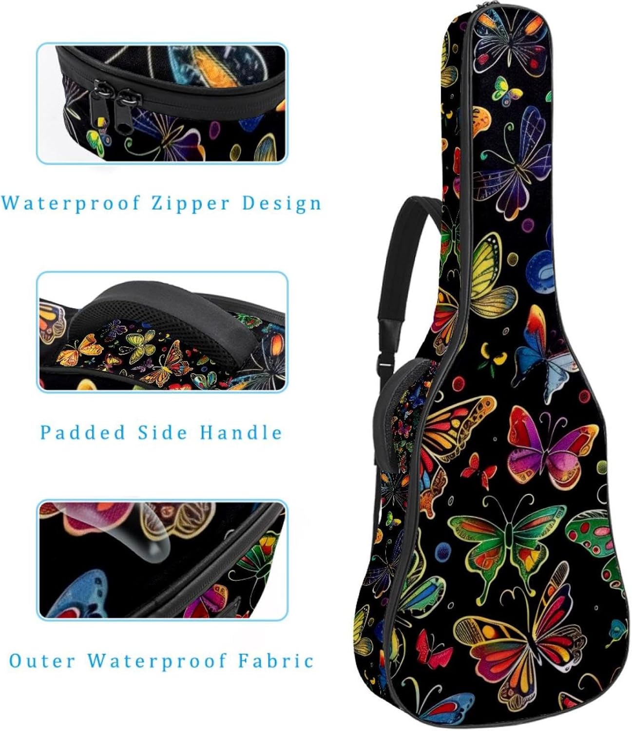 Acoustic Guitar Bag, 40 41 42 Inch Guitar Case Cover Soft Guitar Gig Bag for Acoustic Electric Bass Classical Guitar, Aesthetic Colorful Butterflies Black Background