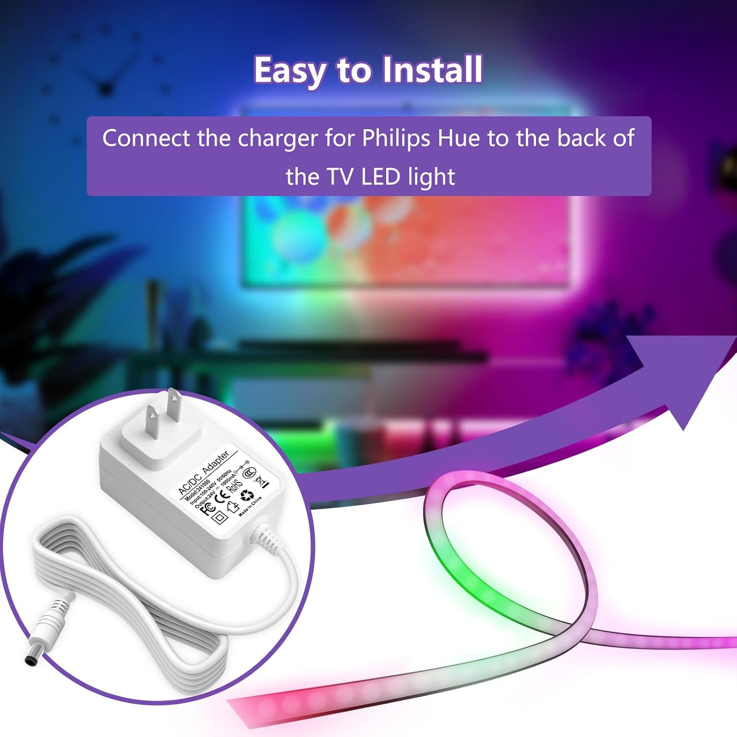 for Philips Hue Smart Lightstrip Plus Plug, 24V Charger for Philips Hue Indoor Play Gradient 65" Smart TV Flowing Color-Changing LED Strip Lights