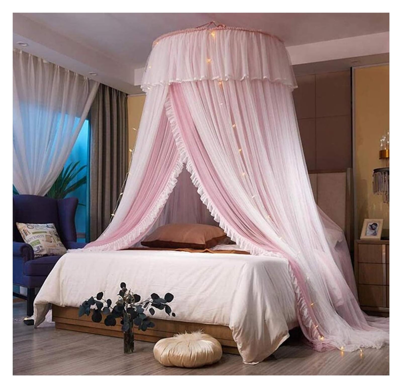 Tenda da Letto, Baldacchino da Letto, for Ragazze, Tenda a baldacchino - a Cupola in Rete Trasparente a Doppio Strato con zanzariera Princess in Pizzo Rotondo for Letti Gemelli Queen King