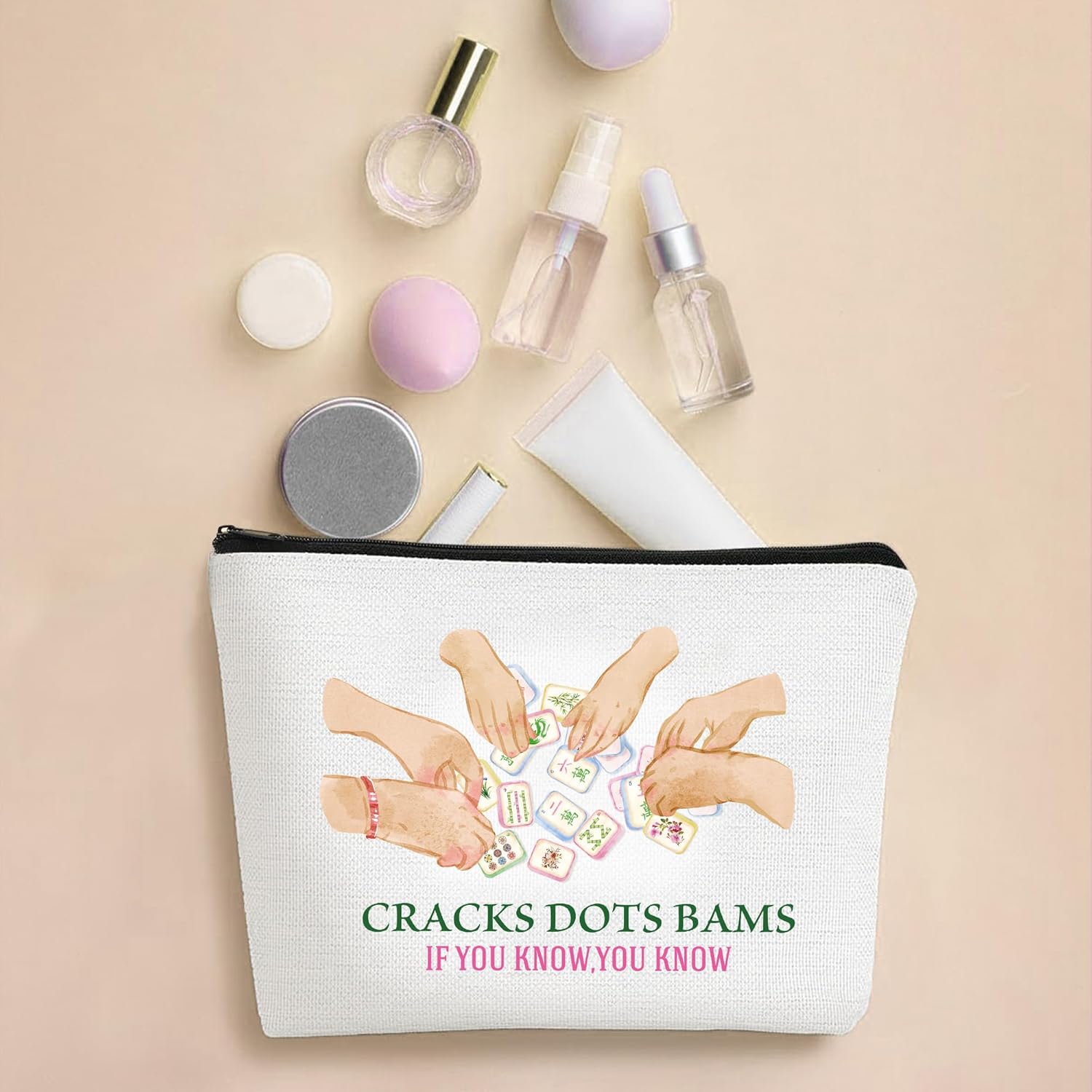 Mahjong Makeup Bag Gifts, 4 Pcs Funny Mahjong Tile bag for Women, Zipper Watercolor Cosmetic Bag for Majong Lover Friends Besties Purse Travel Toiletry Organizer - Image 5