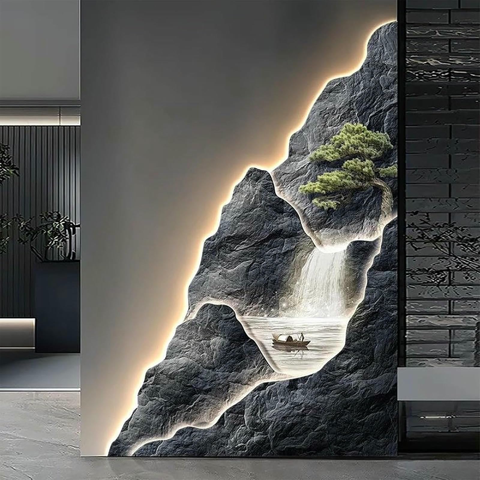 Décor mural d'art 3D avec lumière pour illuminer un salon sombre