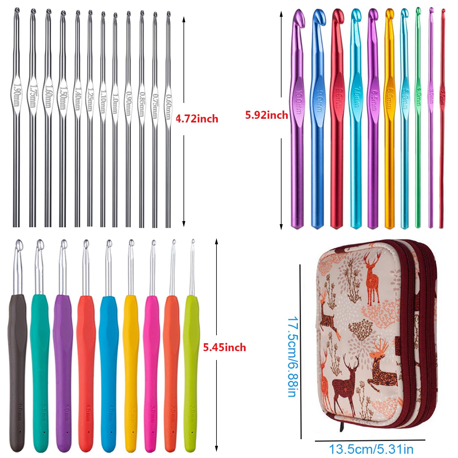 Weabetfu Juego de 102 ganchos de ganchillo con estuche, agujas ergonómicas de ganchillo para manos artríticas y accesorios de ganchillo, juego completo de ganchillo para principiantes y amantes del