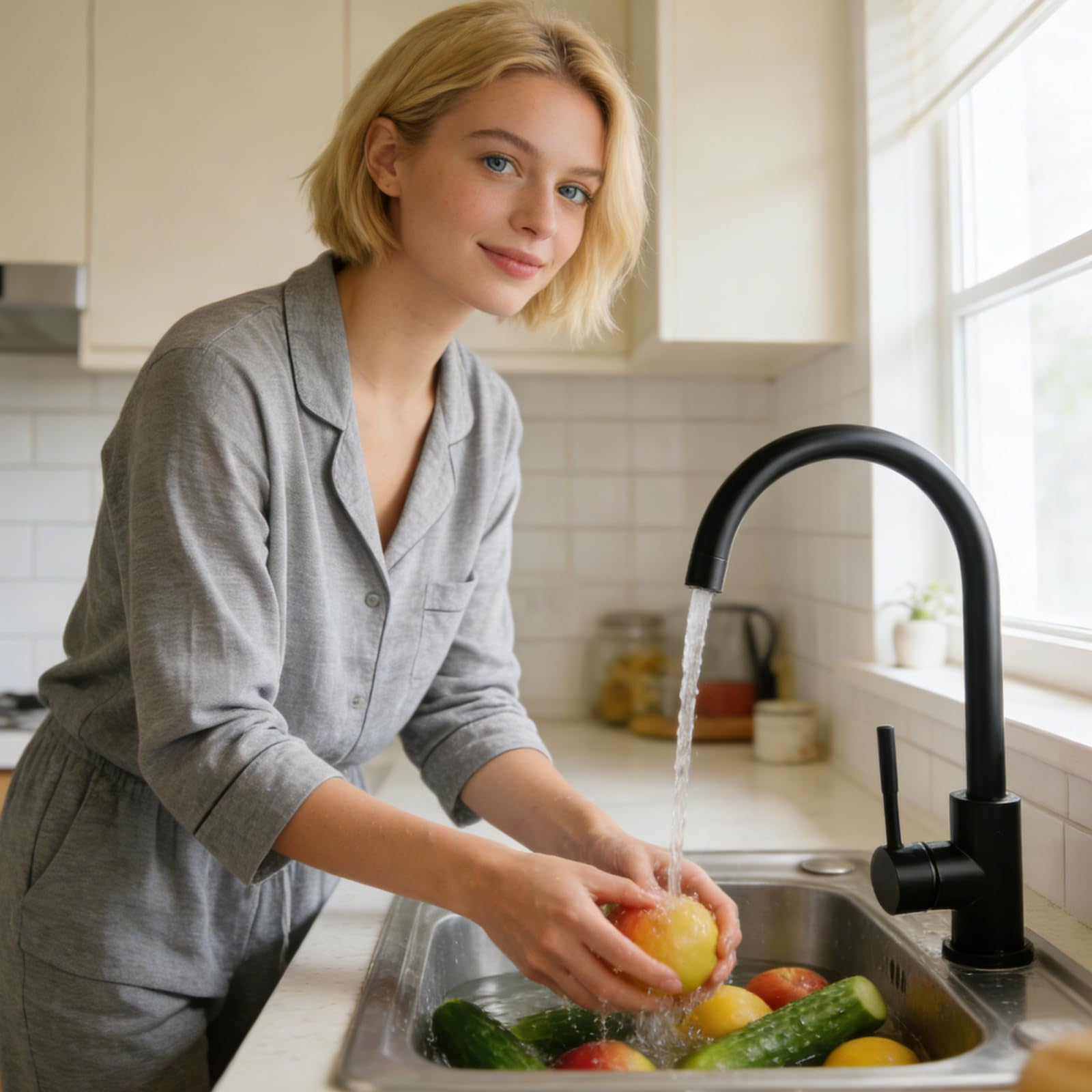 Robinet de cuisine pivotant à 360° - En acier inoxydable - Mitigeur monocommande - Robinet d'évier de cuisine avec tuyau de 60 cm - Raccords G3/8 - Noir