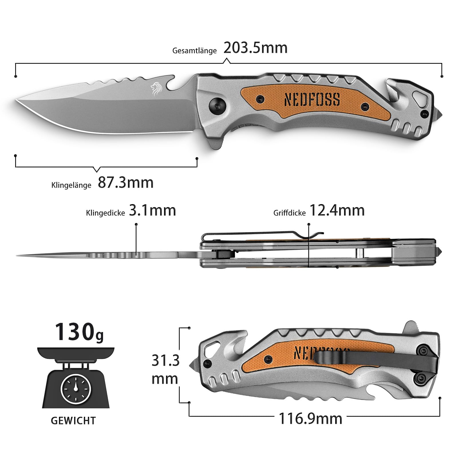 NedFoss DA169 Afilada navaja plegable, 8Cr14MoV acero navaja de bolsillo con clip, adecuada para camping, senderismo y otras actividades al aire libre