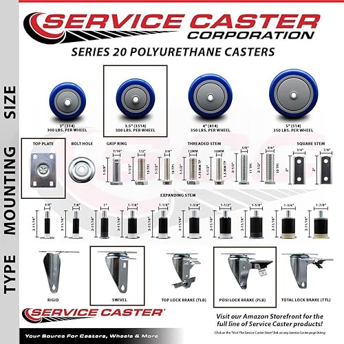 Vista 75 de Rueda rígida de poliuretano con rueda azul de 3 pulgadas, capacidad por rueda, 300 libras de capacidad por rueda, marca Service Caster Rígido - Sin