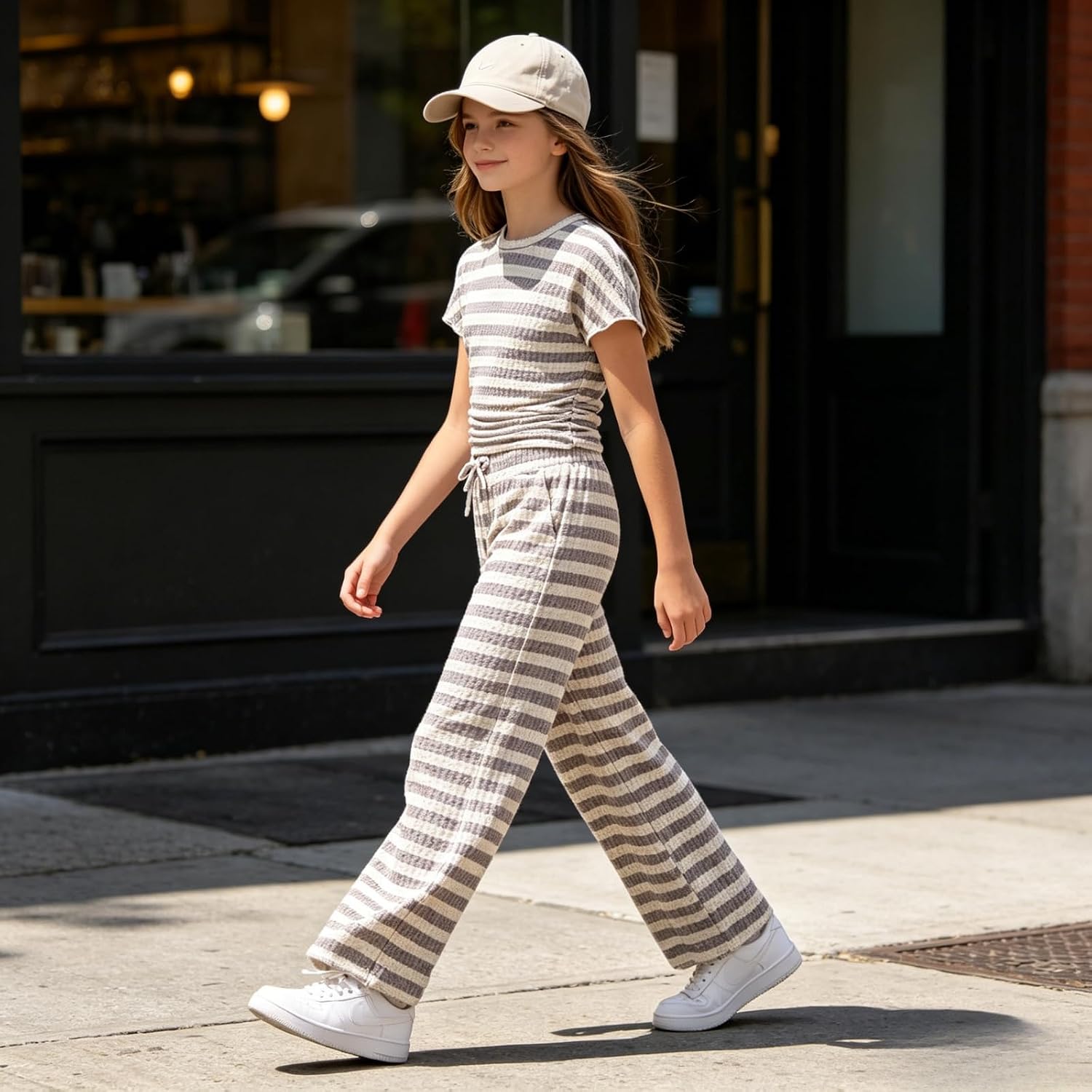 Girls 2-Piece Outfits Short Sleeve Striped Top & Wide Leg Pants Girls Fashion Casual Clothing Set Size 7-16 Years