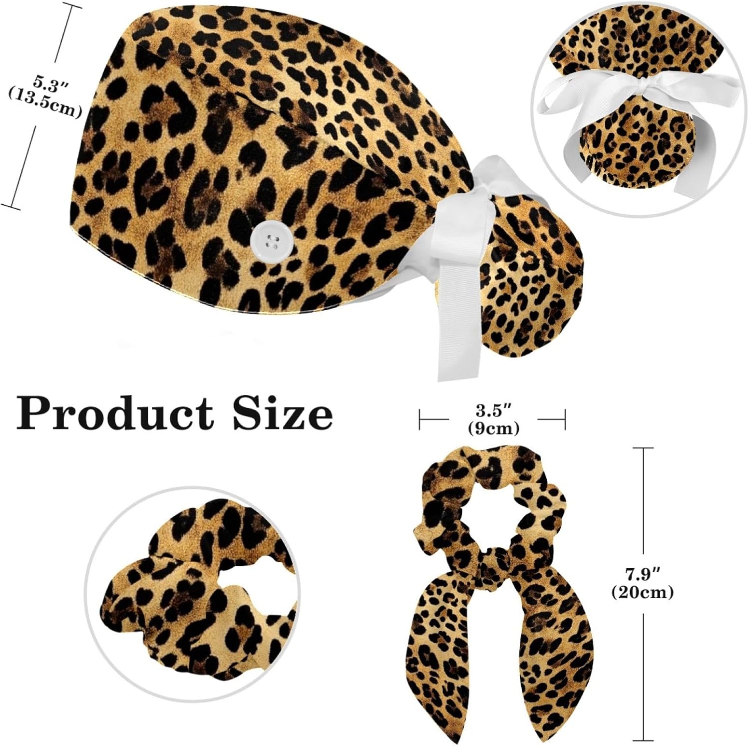 Scrub Caps Women Nursing Hats Leopard Pattern with Buttons Ponytail Working Adjustable Pouch Tie Back - Image 2