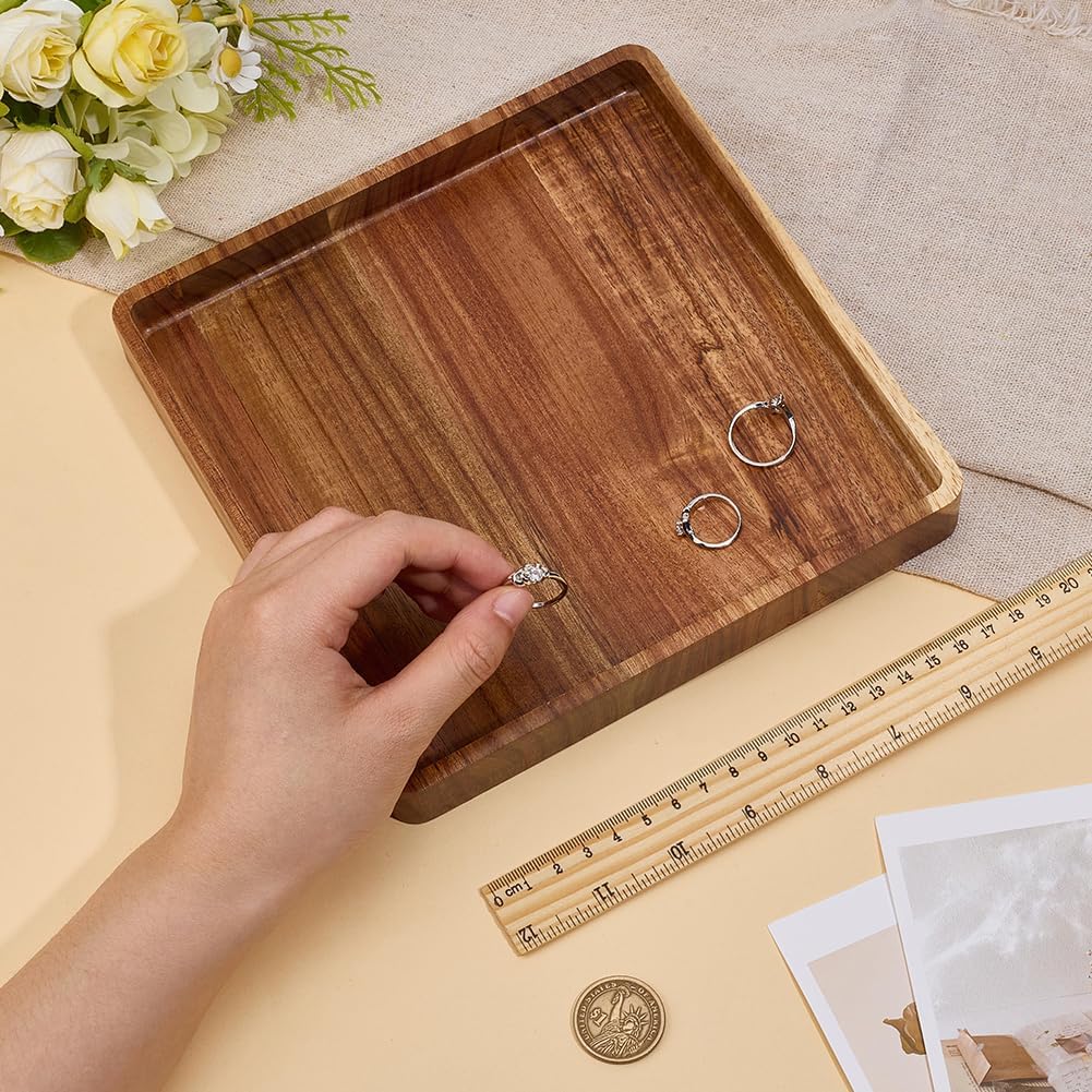 MAYJOYDIY Acacia Wood Square Serving Tray, Square Wood Serving Platter for Display Collectible Ring Jewelry Earring Necklace Trinkets Decorative Organizer 7.8" x 7.8" image 3