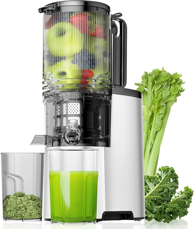 Cold Press Juicer, 5.8" Wide Feed Chute Juice Extractor Machine with 400W, High Juice Yield, Slow Masticating Juicer for Whole Vegetables & Fruits, Metallic Silver