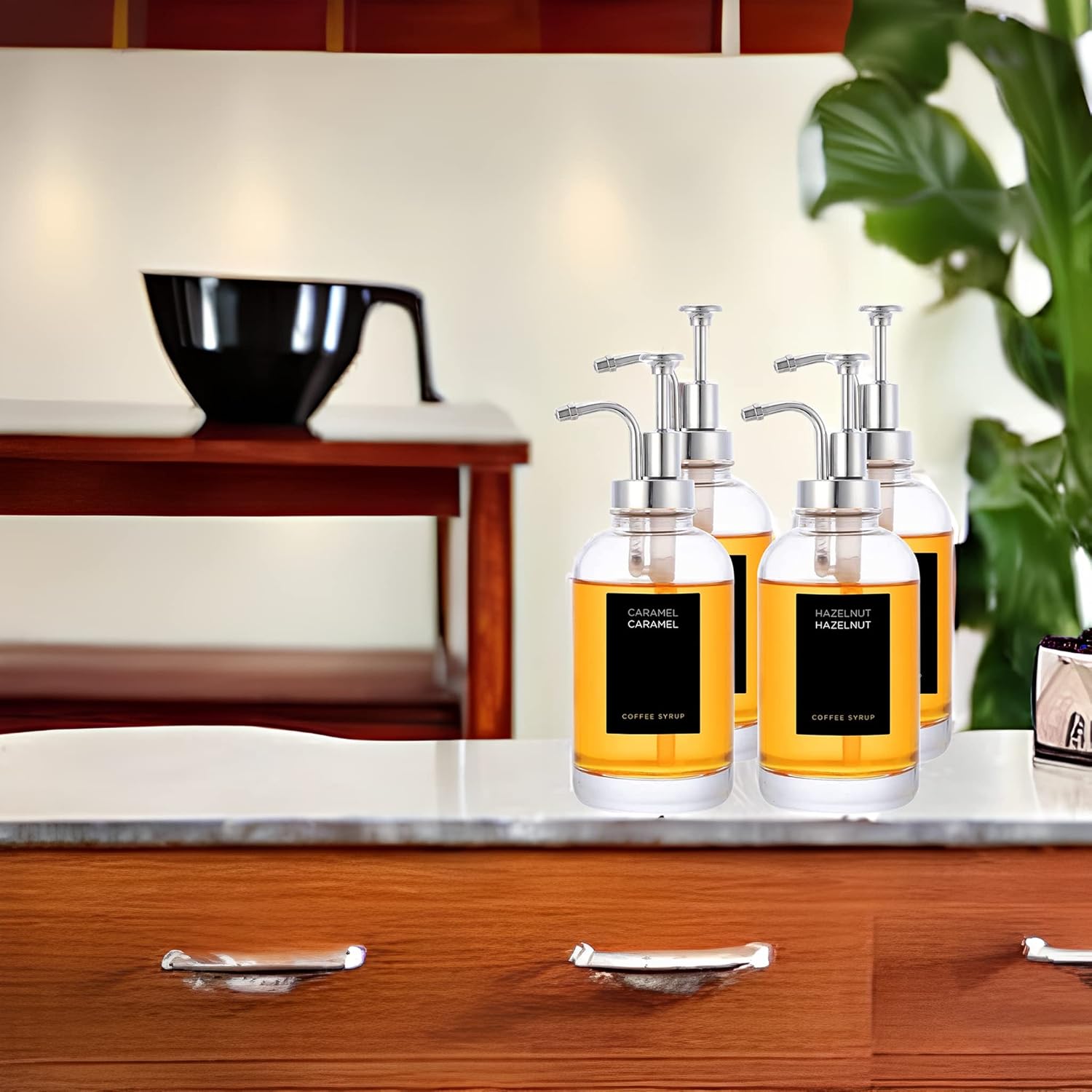 Joyfulmap 4 Coffee Syrup Dispenser, Silver Pump Dispenser with bottles for Coffee Bar accessories, Minimalist Glass Coffee Bottle for Simple Maple/Coffee Syrups,16.9 oz 500 ml (Silver)