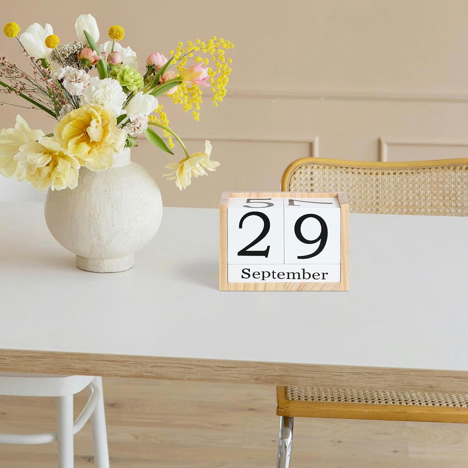 Wooden Block Calendar for Desk, Large Size Daily Desktop Perpetual Desk Calendar, Cute Date Display Desk Accessories for Home Office Decor, Teacher, Classroom, Reusable Yearly, Wood Grain image 2