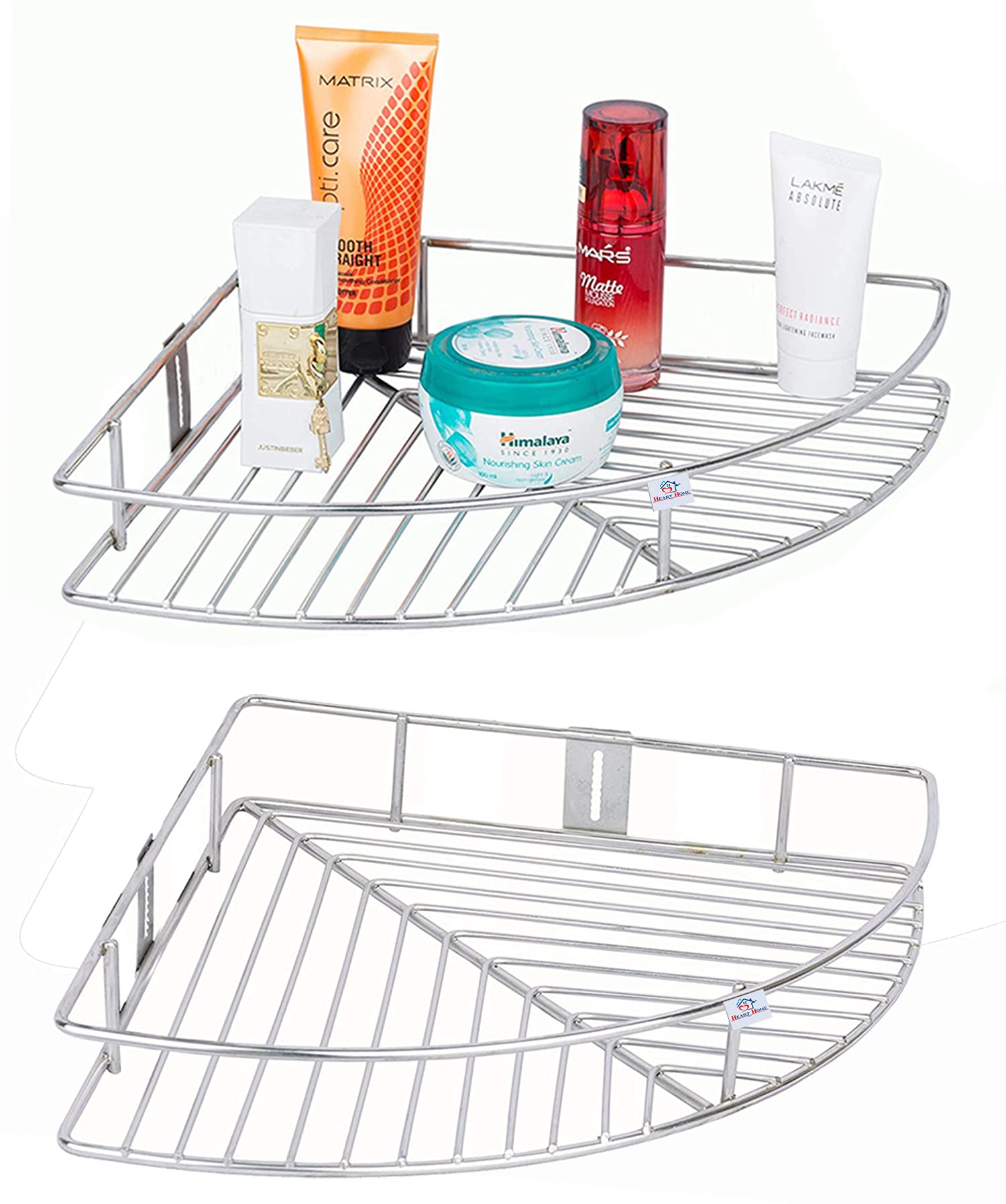 Heart Home Multipurpose Kitchen Bathroom Corner Shelf Wall Mount Storage Rack-Pack of 2 (Silver)