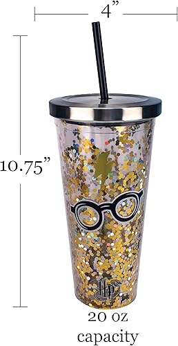 Miniatura 2 de Spoontiques Harry Potter - Vaso con brillantina, pajilla y diseño de lentes, 20 onzas, acrílico, color dorado